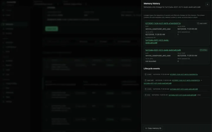 Memory history panel showing a prior memory version, the current version, and metadata-only lifecycle events.